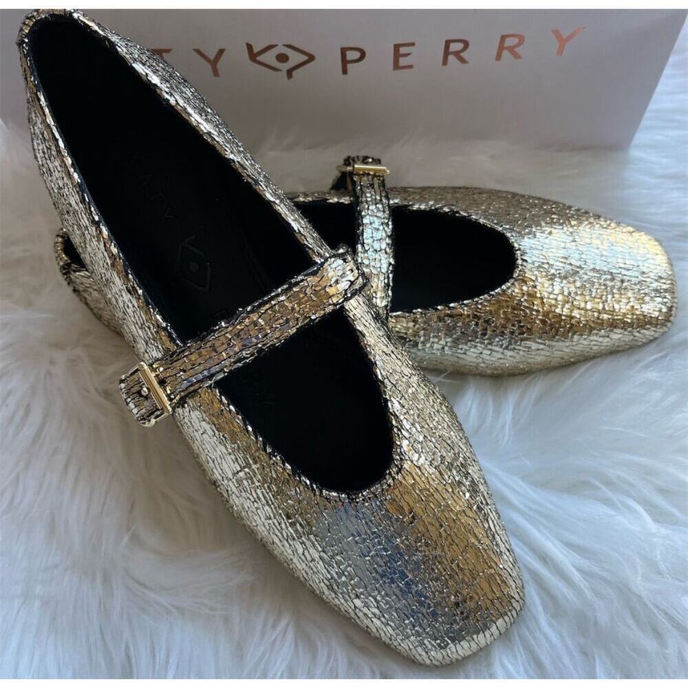 ☀️Katy Perry The Evie Mary Jane Flats Gold Metallic Glass Women's Size 10M NWT - Picture 4 of 10